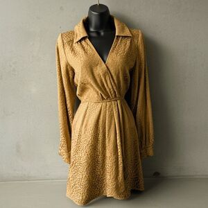 By Anthro Gold Lepoard Print Faux Wrap Shirt Dress Sz XS